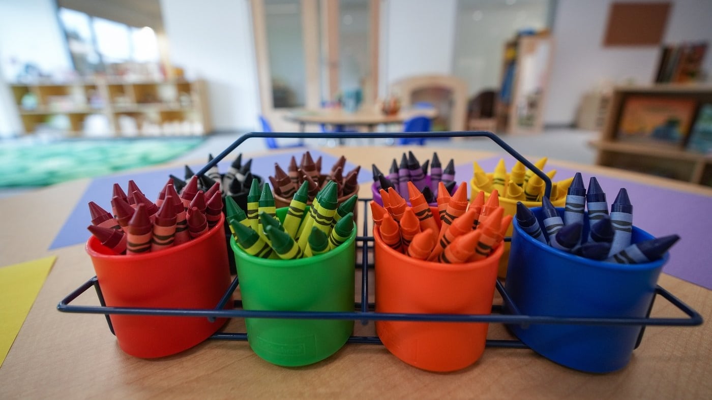 Crayons are seen on a table at a new child care facility operated by the YMCA, in North Vancouver, B.C., on Thursday, July 3, 2025. THE CANADIAN PRESS/Darryl Dyck