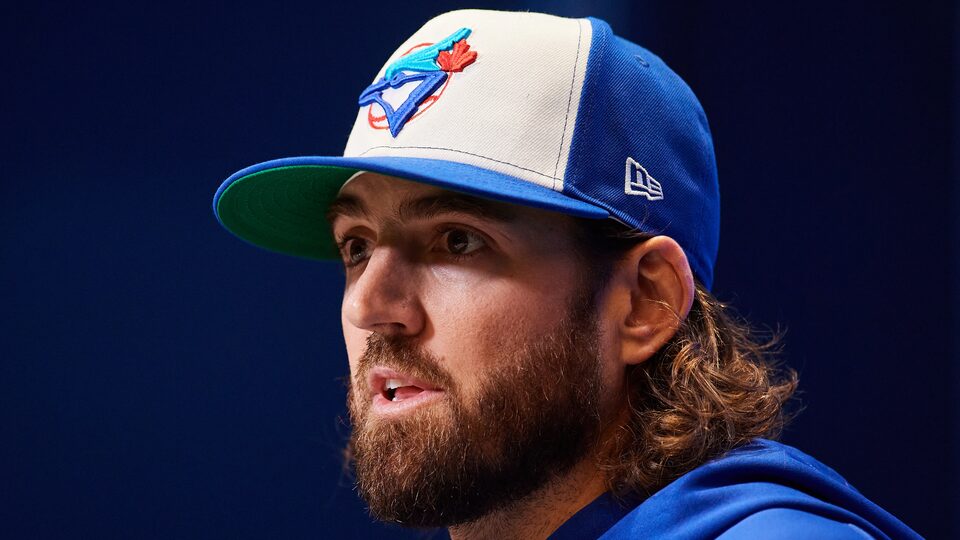 Kevin Gausman speaks to reporters ahead of Game 1 of ALCS